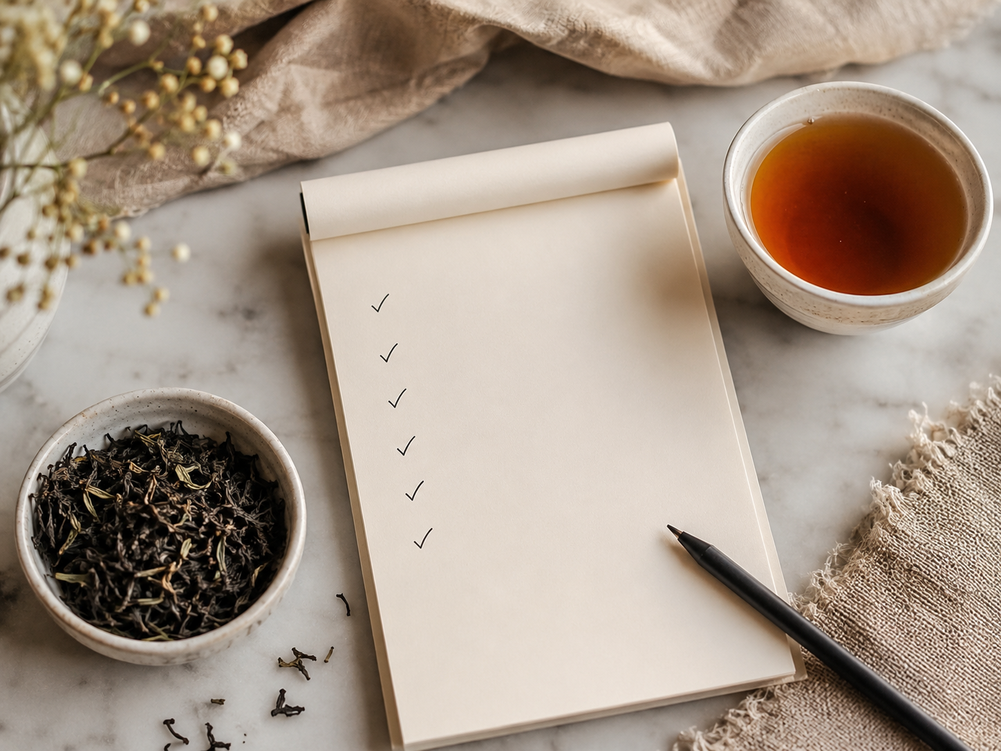 Darjeeling Tea Buying Checklist Checklist d’achat du thé Darjeeling avec thé en vrac et notes